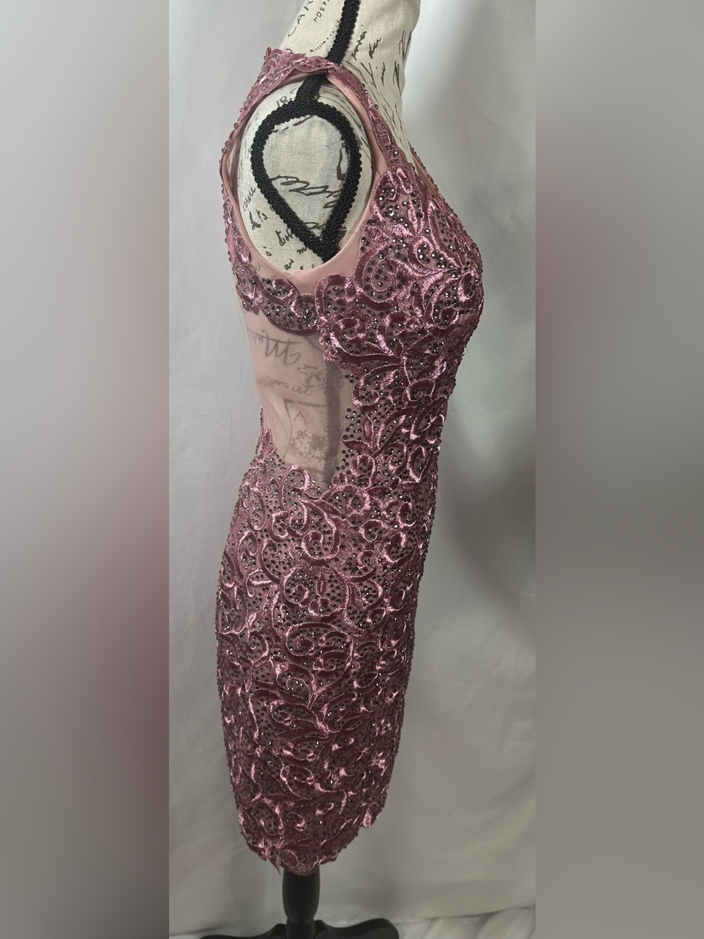 Mori Lee Rose Pink Beaded V-Neck Mini Dress - Picture 4 of 16